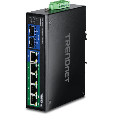 TRENDnet TI-PG62B 7-Port Variable Voltage Switch, 4 Gigabit PoE+, 1 Gigabit, & 2 SFP slots, 14 Gbps switching capacity, DIN-rail/wall mount